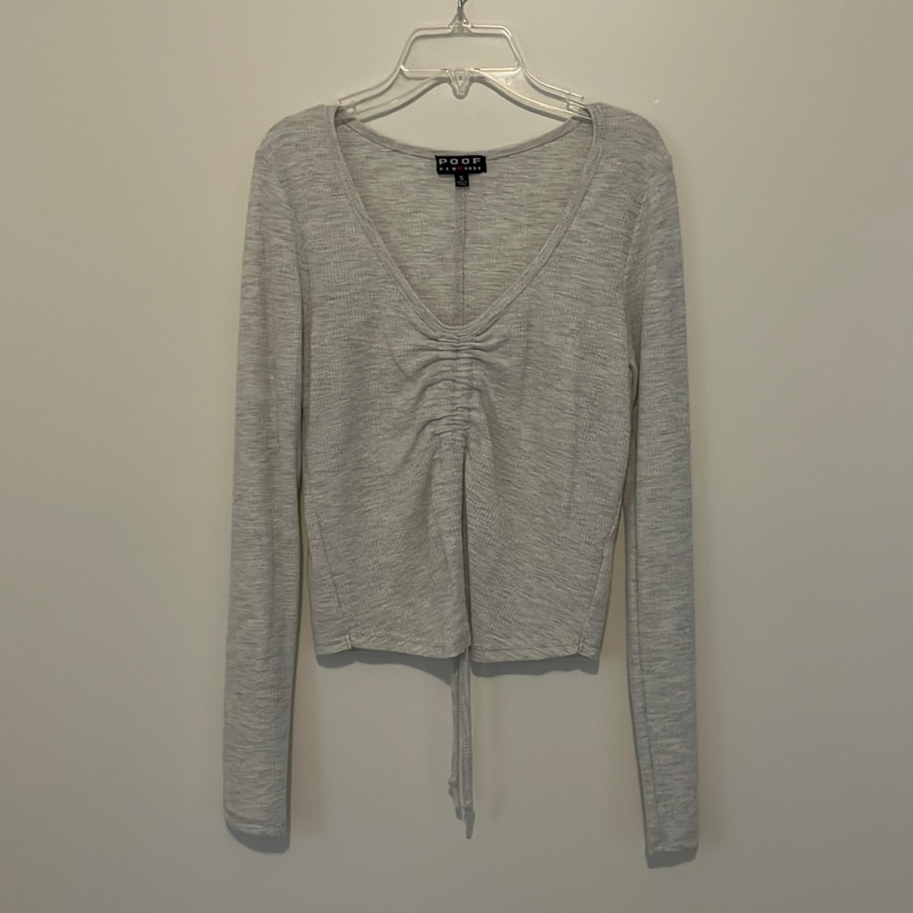 Light gray long sleeve waffle knit adjustable crop top